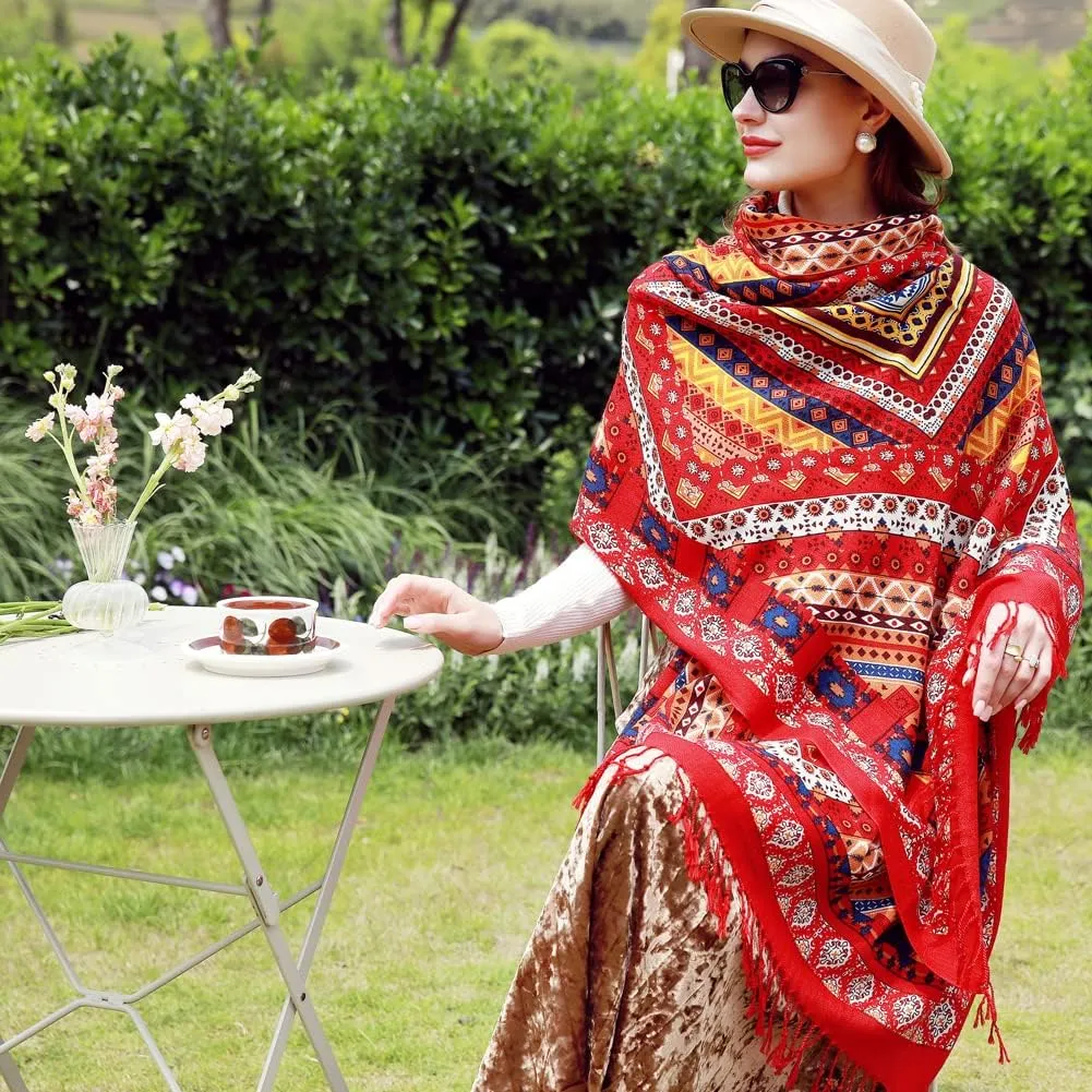 100% Wool Scarf Oversized Pashmina Shawls and Wraps Soft Warm Blanket Travel for Women Floral