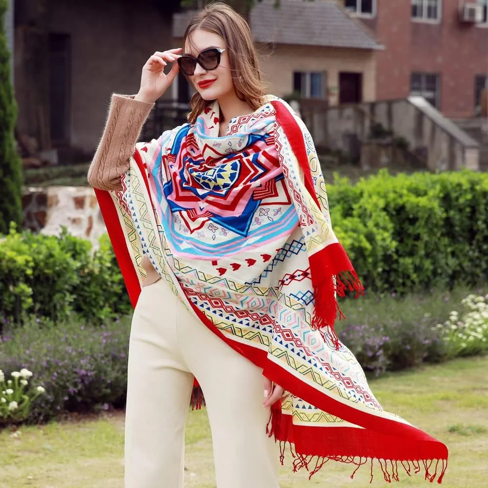100% Wool Scarf Oversized Pashmina Shawls and Wraps Soft Warm Blanket Travel for Women Floral