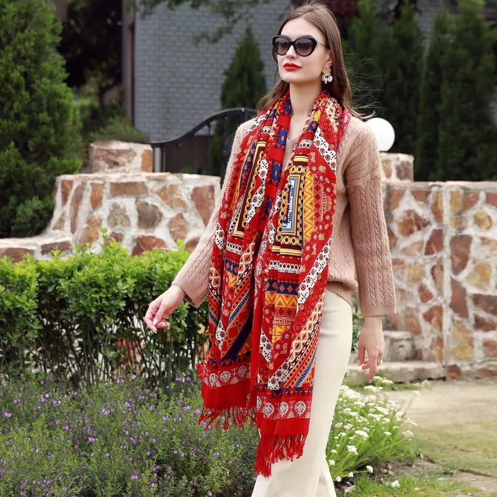 100% Wool Scarf Oversized Pashmina Shawls and Wraps Soft Warm Blanket Travel for Women Floral