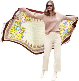 100% Wool Scarf Oversized Pashmina Shawls and Wraps Soft Warm Blanket Travel for Women Floral