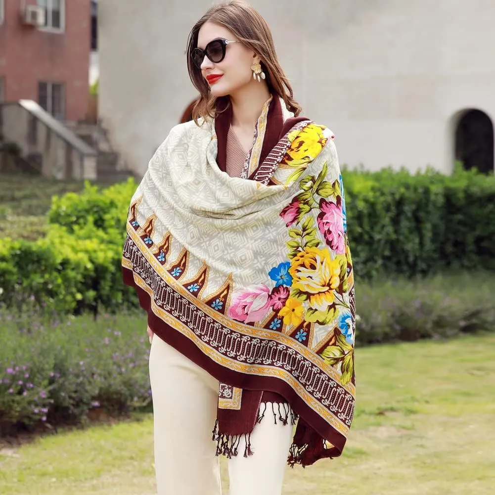 100% Wool Scarf Oversized Pashmina Shawls and Wraps Soft Warm Blanket Travel for Women Floral