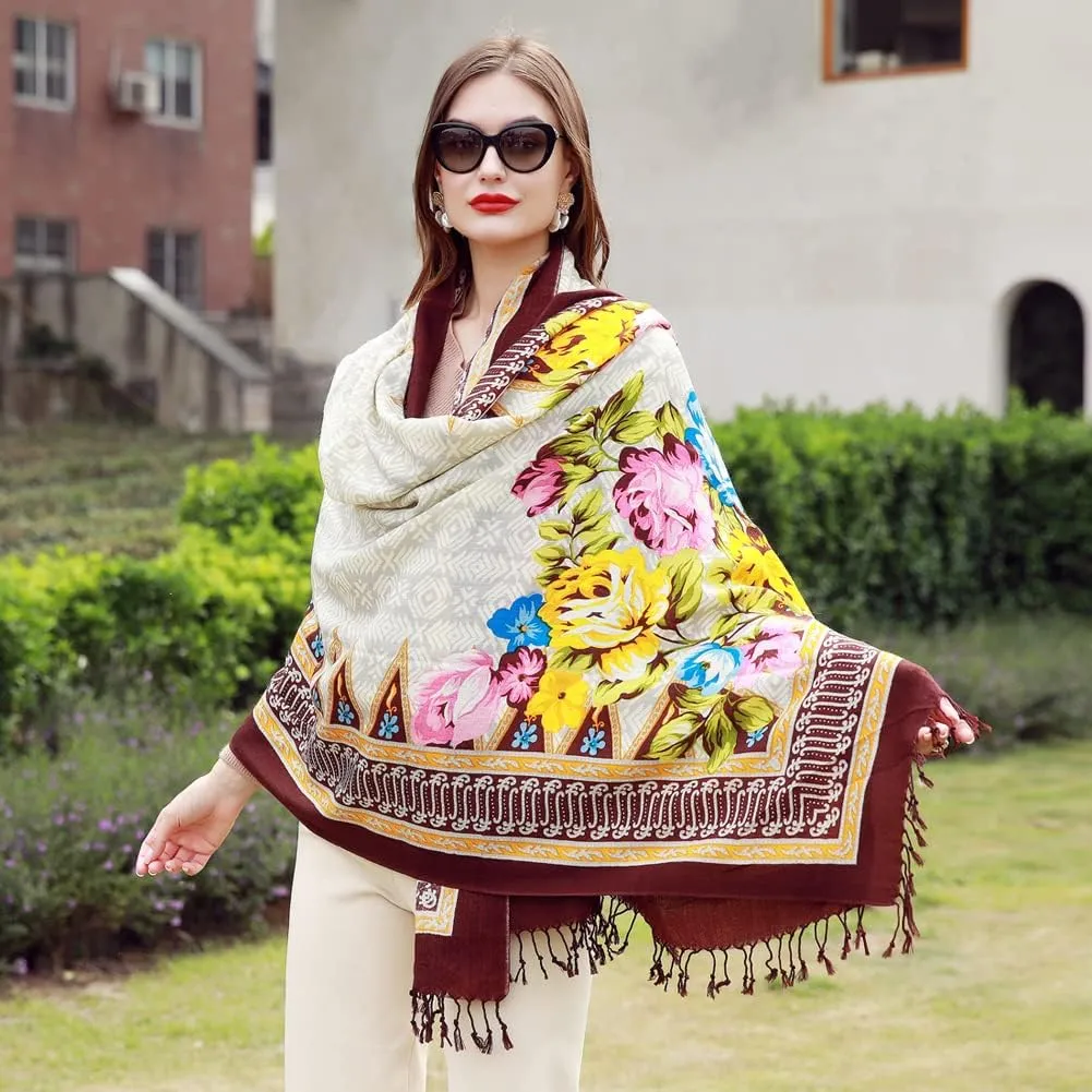 100% Wool Scarf Oversized Pashmina Shawls and Wraps Soft Warm Blanket Travel for Women Floral