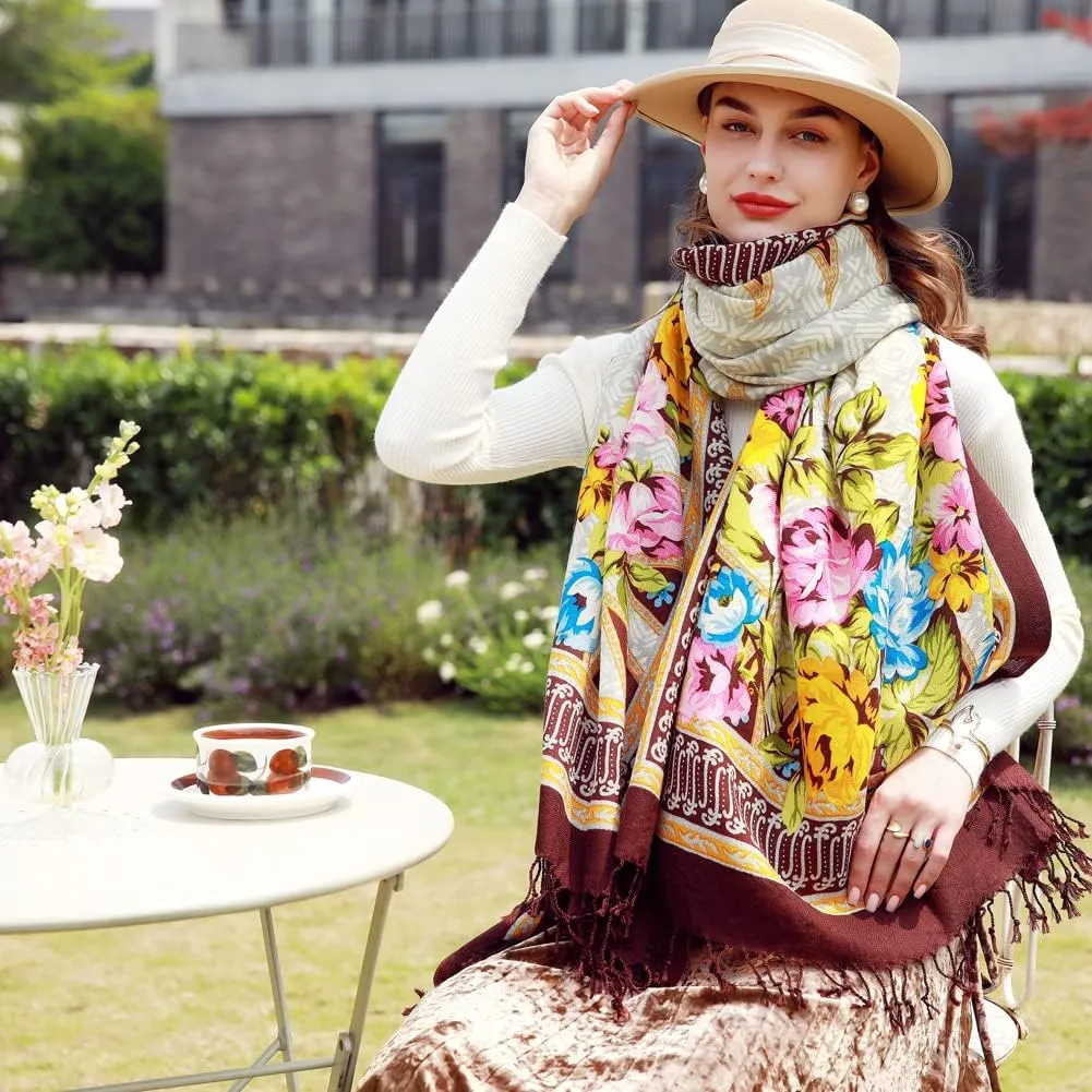 100% Wool Scarf Oversized Pashmina Shawls and Wraps Soft Warm Blanket Travel for Women Floral