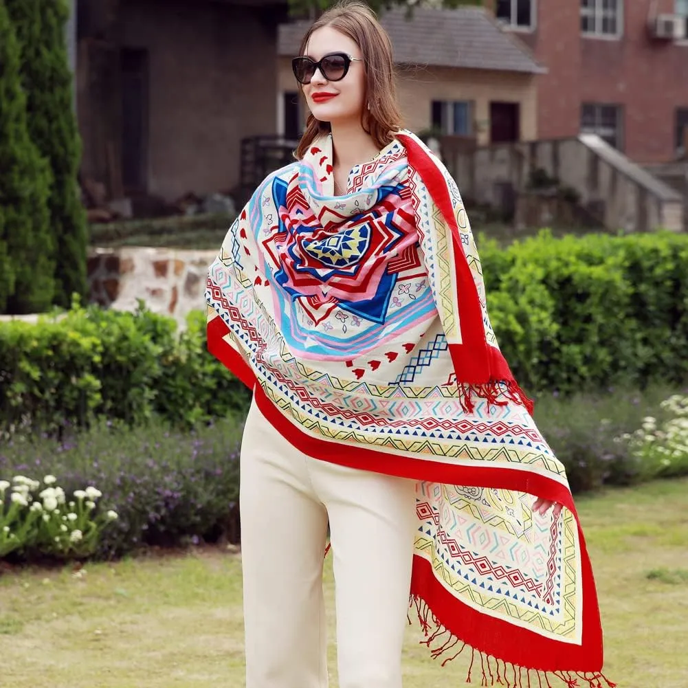 100% Wool Scarf Oversized Pashmina Shawls and Wraps Soft Warm Blanket Travel for Women Floral
