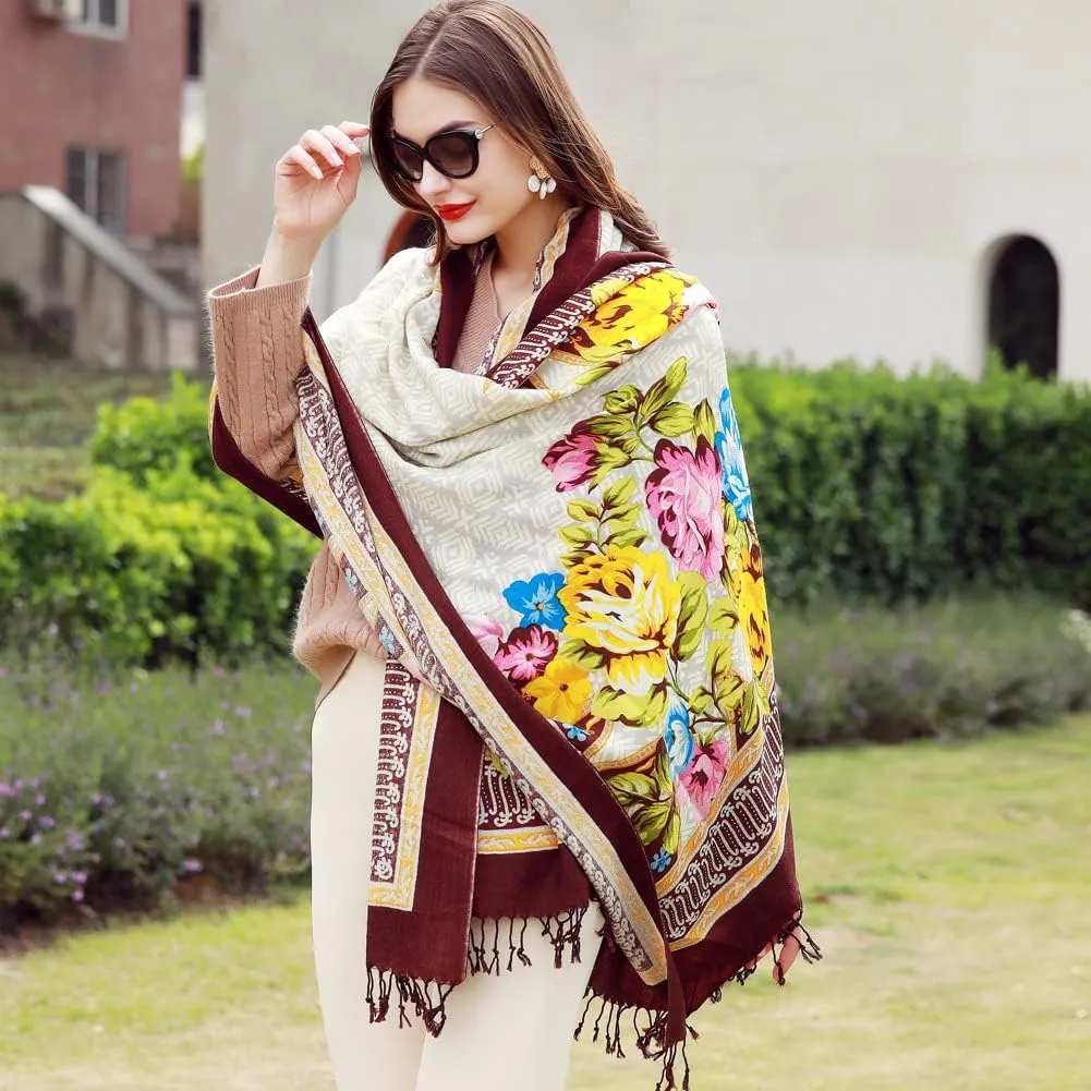 100% Wool Scarf Oversized Pashmina Shawls and Wraps Soft Warm Blanket Travel for Women Floral