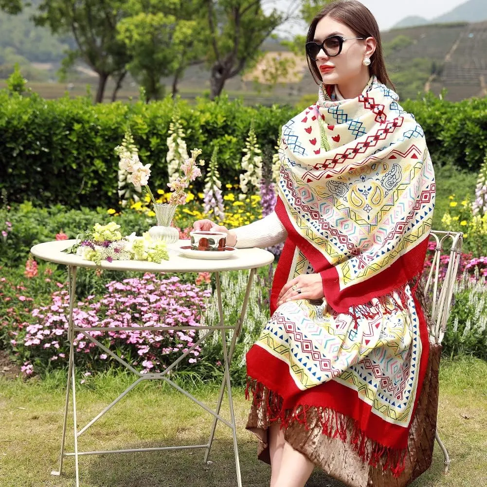 100% Wool Scarf Oversized Pashmina Shawls and Wraps Soft Warm Blanket Travel for Women Floral
