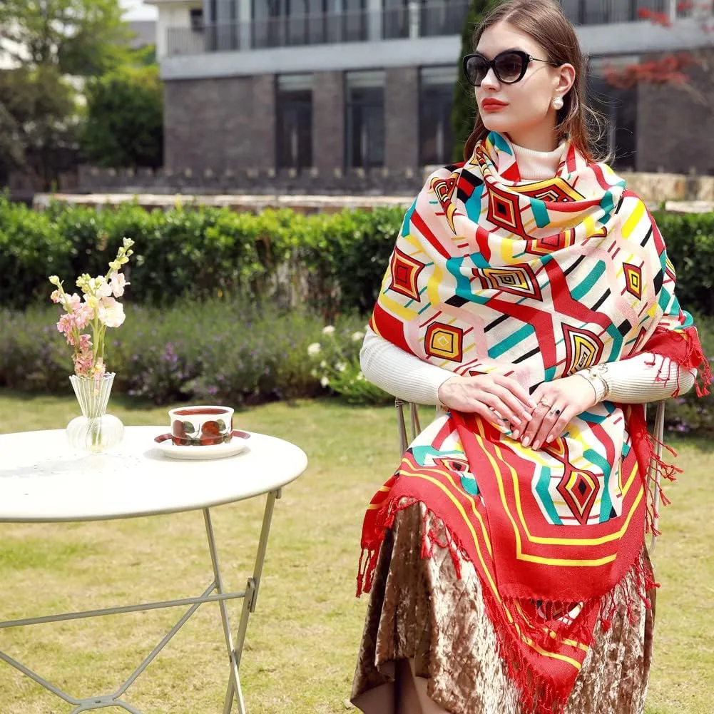 100% Wool Scarf Oversized Pashmina Shawls and Wraps Soft Warm Blanket Travel for Women Floral