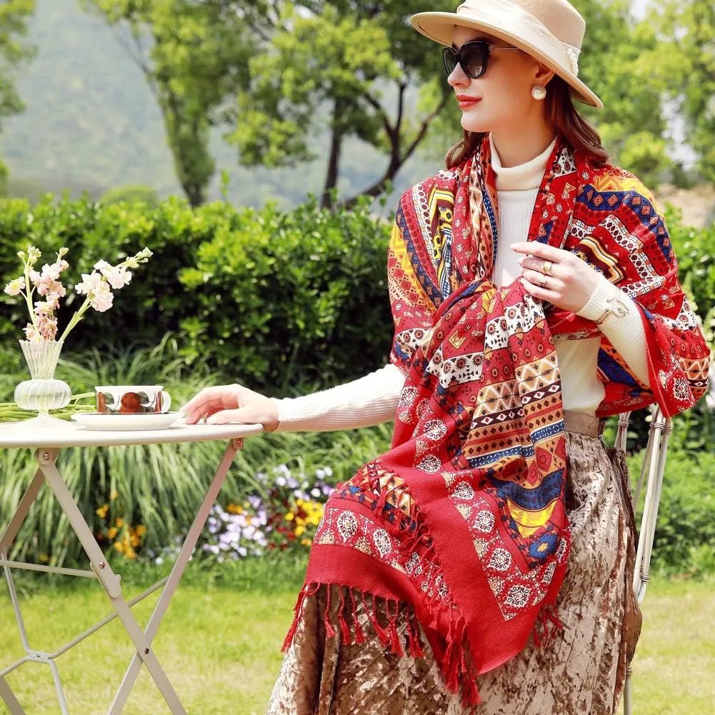 100% Wool Scarf Oversized Pashmina Shawls and Wraps Soft Warm Blanket Travel for Women Floral