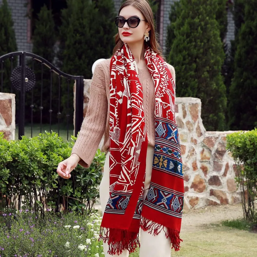 100% Wool Scarf Oversized Pashmina Shawls and Wraps Soft Warm Blanket Travel for Women Floral