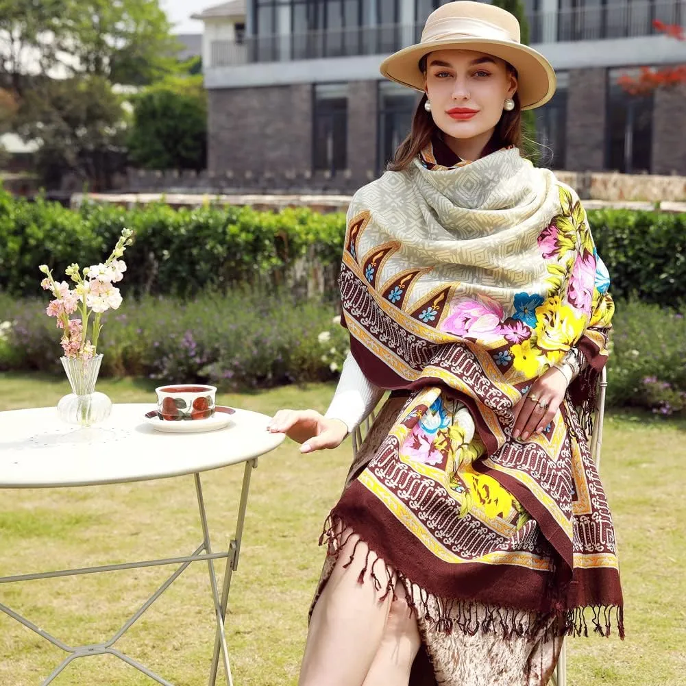 100% Wool Scarf Oversized Pashmina Shawls and Wraps Soft Warm Blanket Travel for Women Floral