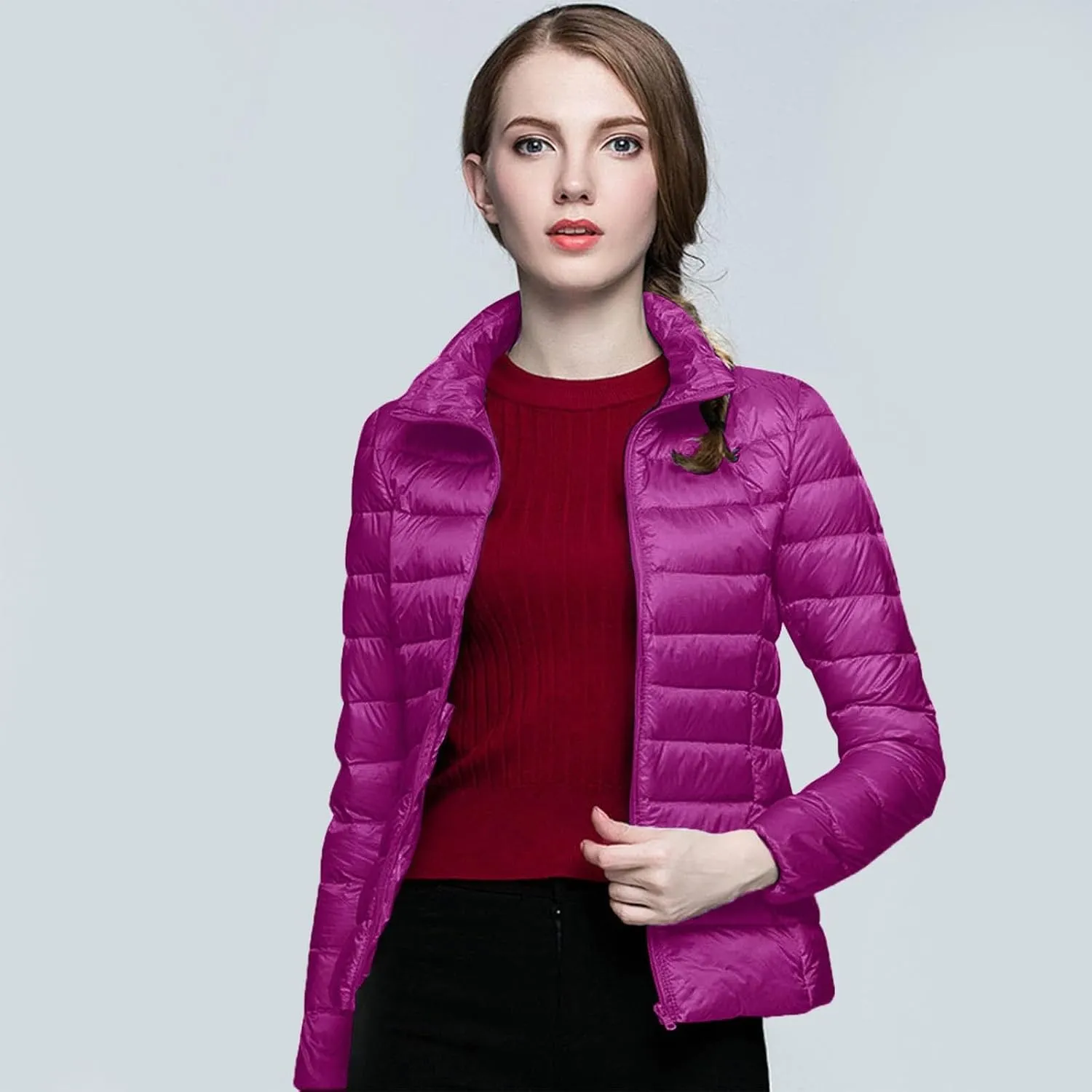 2024 Warm Lightweight Hoodless Quilted Down Coat for Womens Long Sleeve Zip Long Puffer Coat Windproof Outdoor Outwear