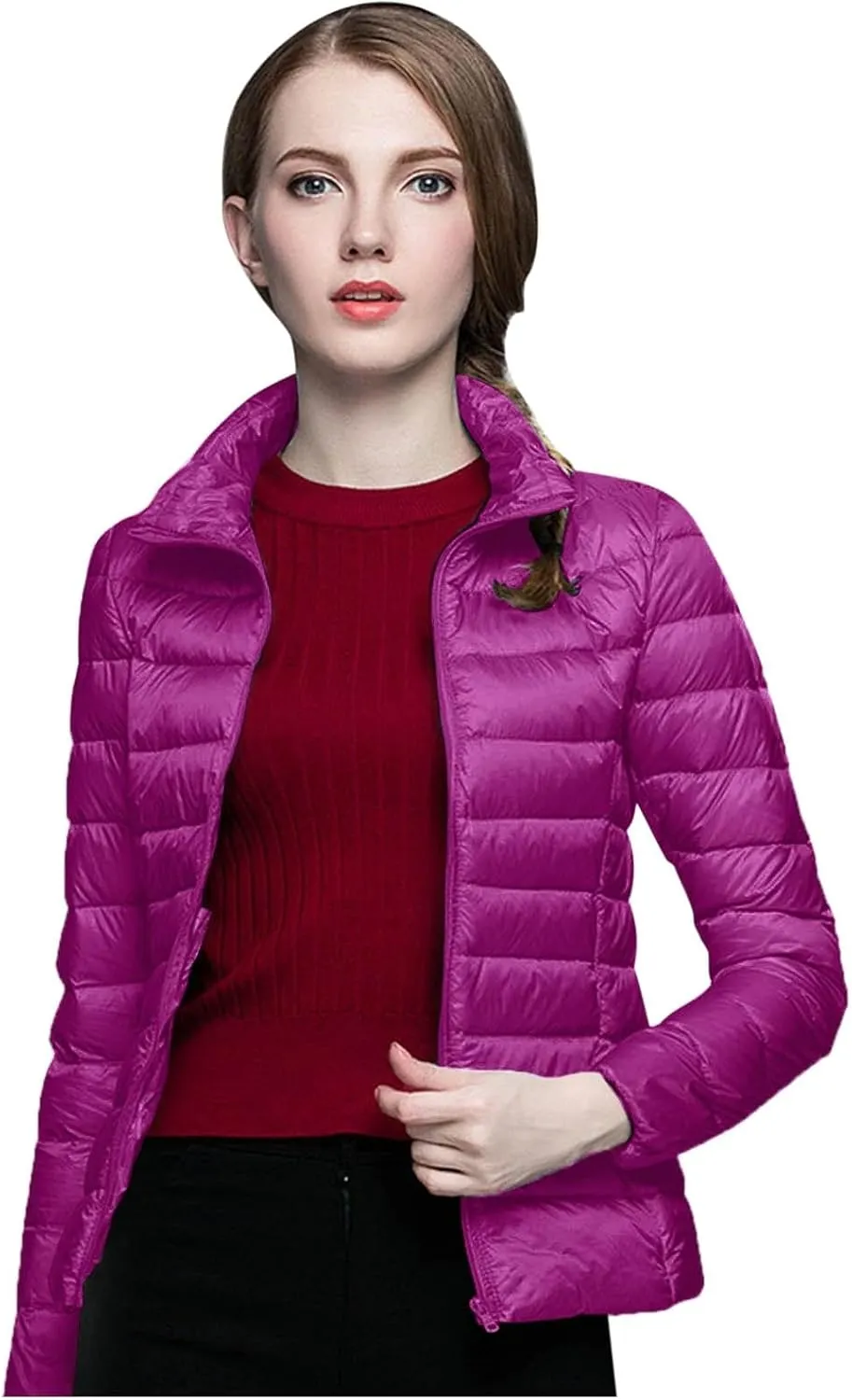 2024 Warm Lightweight Hoodless Quilted Down Coat for Womens Long Sleeve Zip Long Puffer Coat Windproof Outdoor Outwear
