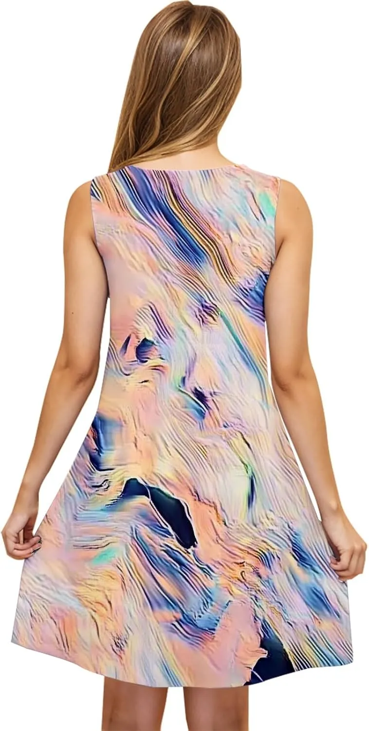2025 Summer Dresses Women Fashion Print Sleeveless Mini Dress Casual Loose Fit Tank Dress Tunic Sun Dress with Pockets