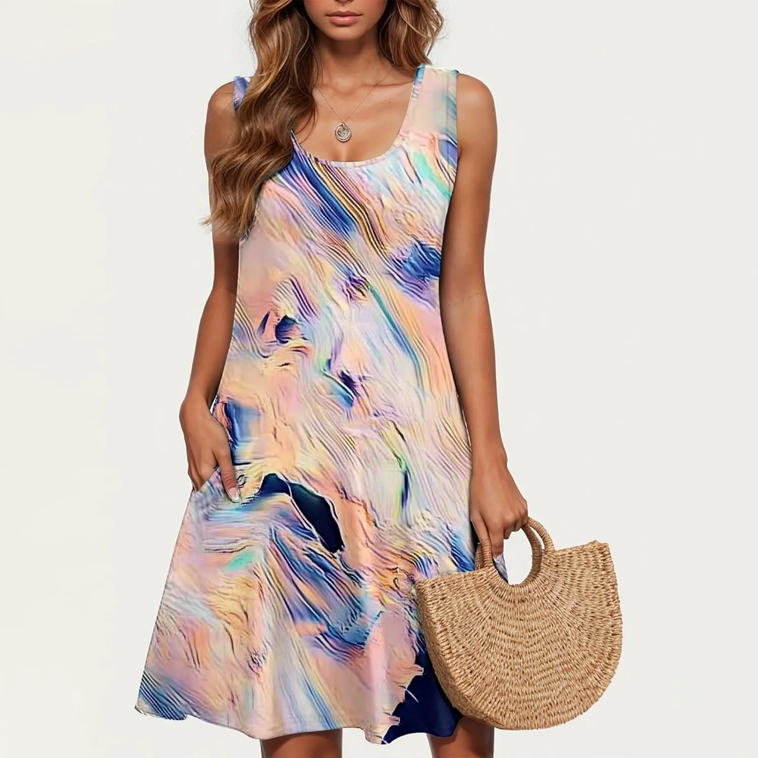 2025 Summer Dresses Women Fashion Print Sleeveless Mini Dress Casual Loose Fit Tank Dress Tunic Sun Dress with Pockets