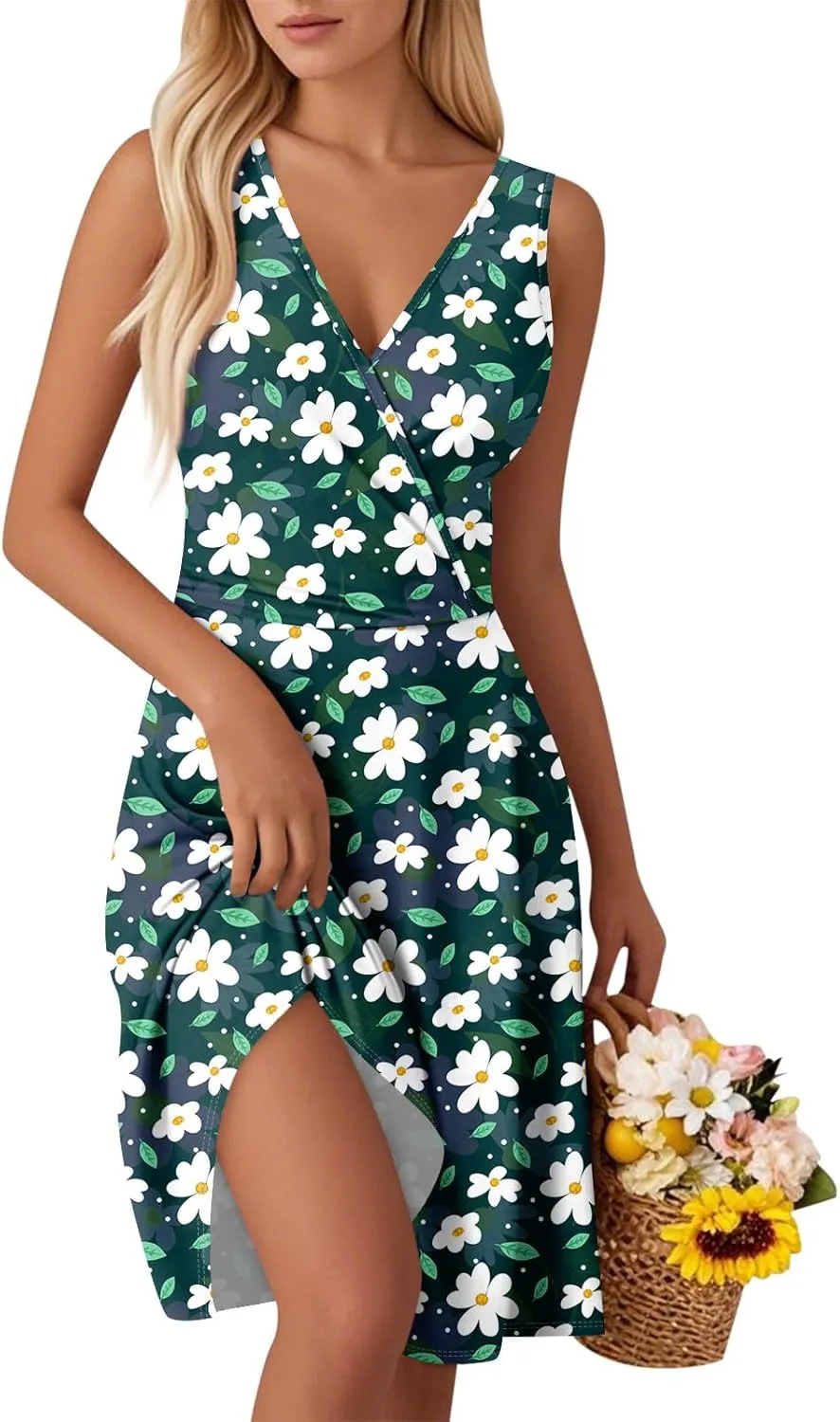 2025 Summer Women's Fashionable V-Neck Waist Floral Print Sleeveless Vest Dress Boho Tank Casual Beach Sundress