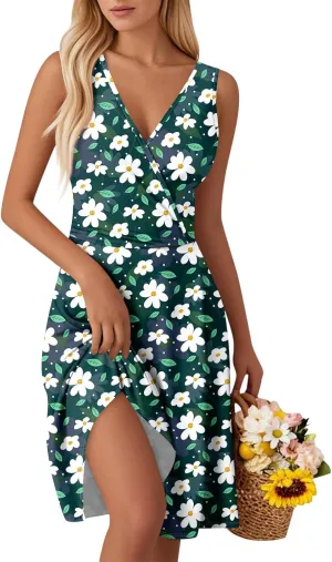 2025 Summer Women's Fashionable V-Neck Waist Floral Print Sleeveless Vest Dress Boho Tank Casual Beach Sundress