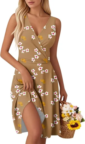 2025 Summer Women's Fashionable V-Neck Waist Floral Print Sleeveless Vest Dress Boho Tank Casual Beach Sundress
