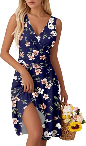 2025 Summer Women's Fashionable V-Neck Waist Floral Print Sleeveless Vest Dress Boho Tank Casual Beach Sundress