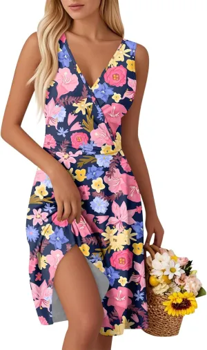 2025 Summer Women's Fashionable V-Neck Waist Floral Print Sleeveless Vest Dress Boho Tank Casual Beach Sundress