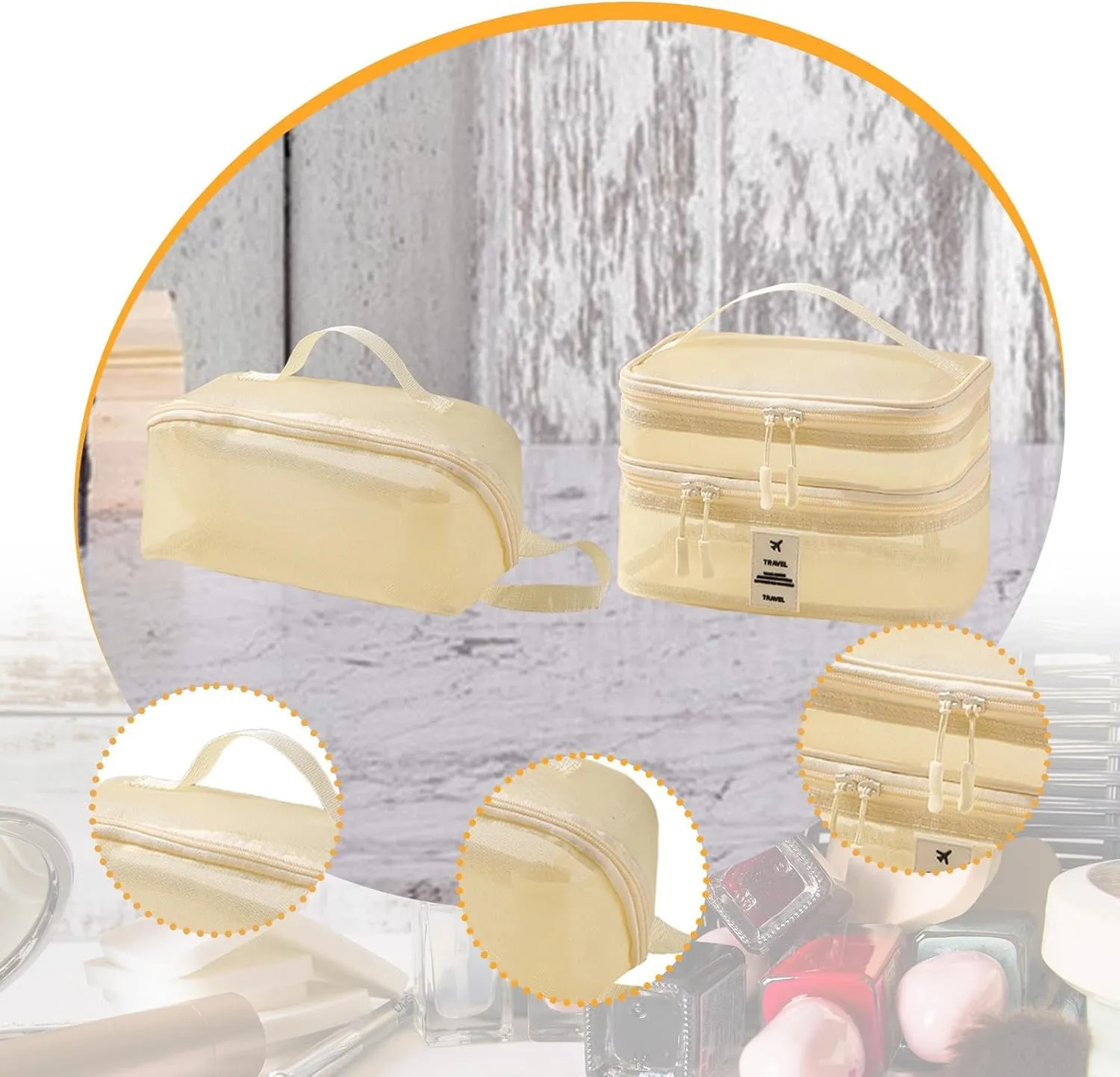 2x Mesh Makeup Bag Double Layer Cosmetic Bag Travel Essentials for Business Trip, beige