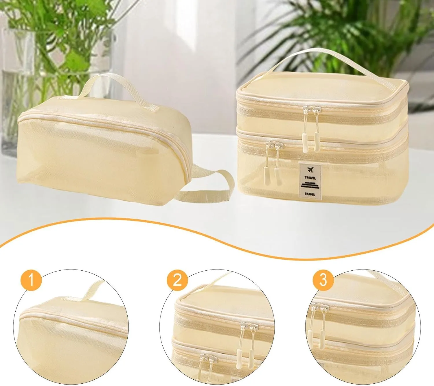 2x Mesh Makeup Bag Double Layer Cosmetic Bag Travel Essentials for Business Trip, beige
