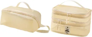 2x Mesh Makeup Bag Double Layer Cosmetic Bag Travel Essentials for Business Trip, beige