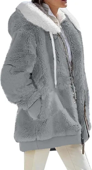 Abrigos De Mujer Invierno En Oferta Early Holiday Deals Winter Coats for Women Trendy Fleece Jacket Women Fuzzy Sherpa Lined Jacket Zip Up Hoodie Warm Clothes Holiday Outfits Deals(J-Light Gray,L)