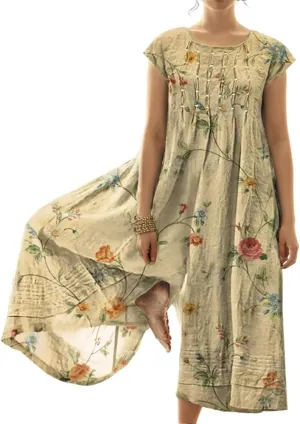 Akivide Womens Boho Floral Print Cotton Linen Overalls Jumpsuits Summer Casual Loose Short Sleeve Wide Leg Long Pant Rompers