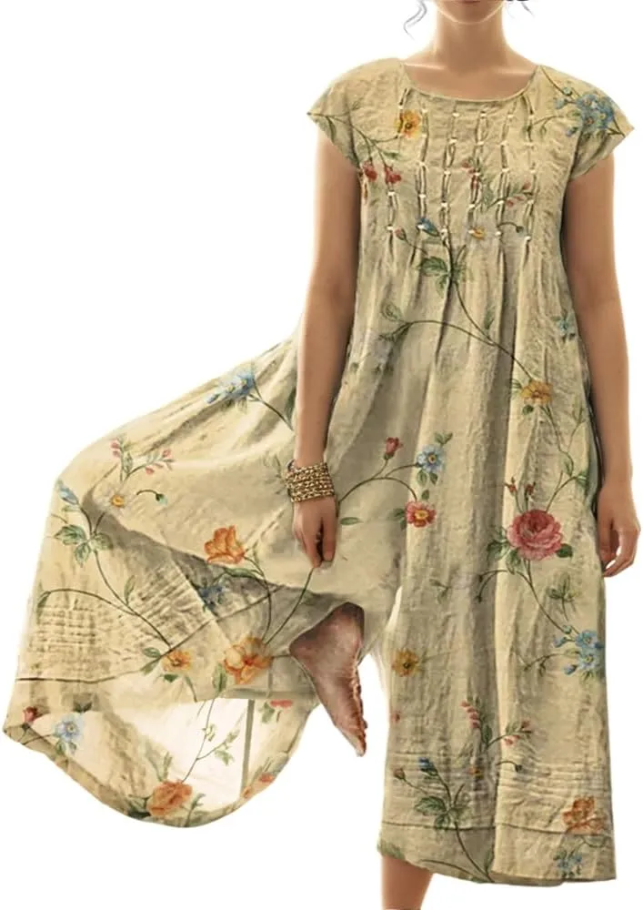 Akivide Womens Boho Floral Print Cotton Linen Overalls Jumpsuits Summer Casual Loose Short Sleeve Wide Leg Long Pant Rompers