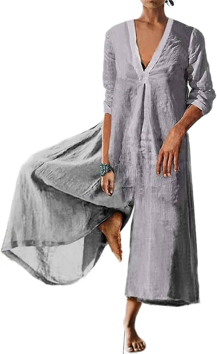 Akivide Women's Cotton Linen Long Sleeve Wide Leg Jumpsuits Casual Loose V Neck Long Pants Rompers