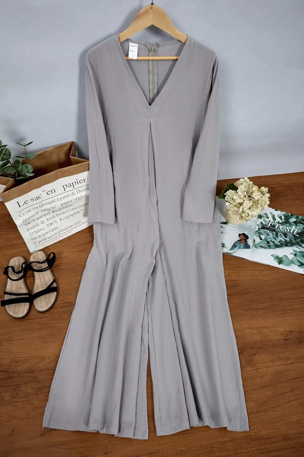 Akivide Women's Cotton Linen Long Sleeve Wide Leg Jumpsuits Casual Loose V Neck Long Pants Rompers