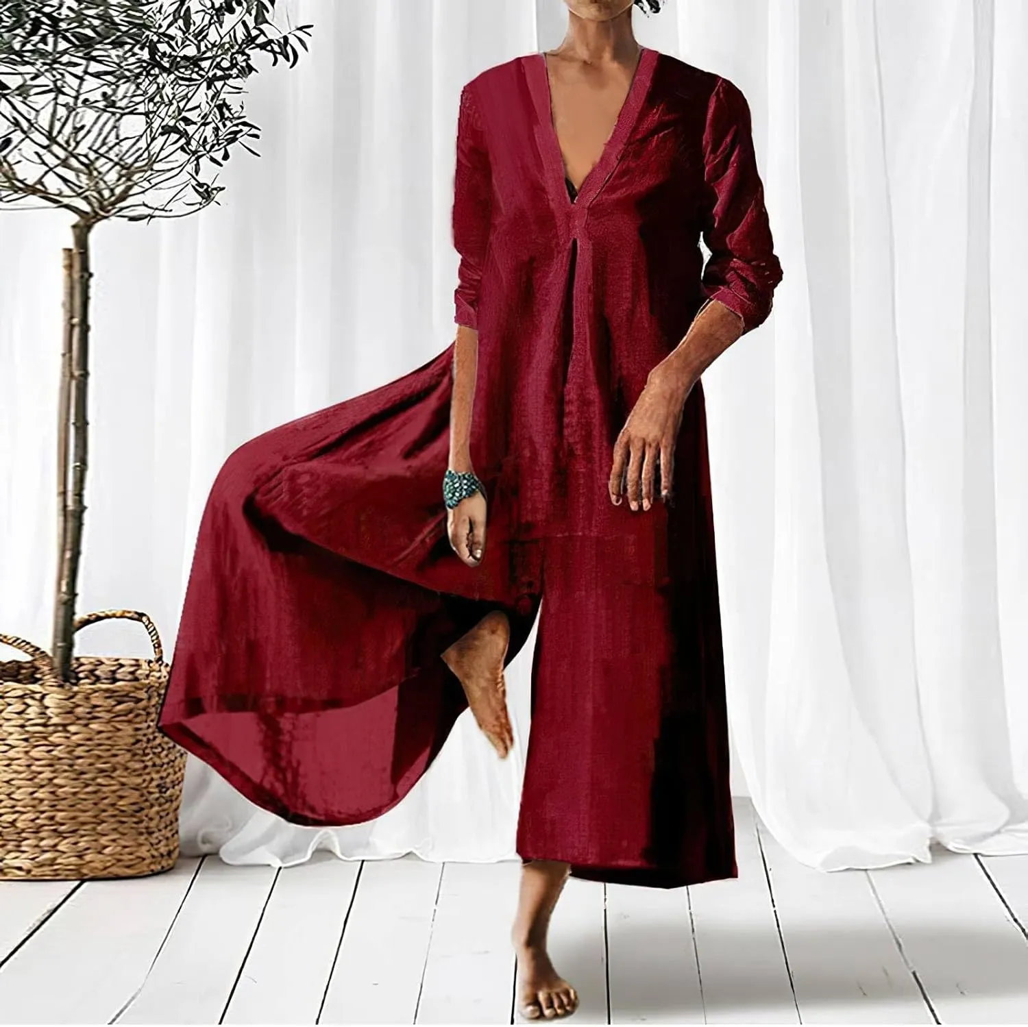 Akivide Women's Cotton Linen Long Sleeve Wide Leg Jumpsuits Casual Loose V Neck Long Pants Rompers