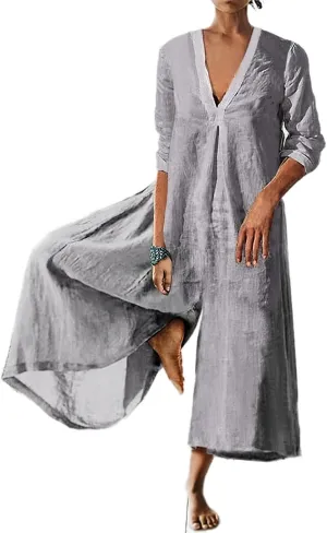 Akivide Women's Cotton Linen Long Sleeve Wide Leg Jumpsuits Casual Loose V Neck Long Pants Rompers