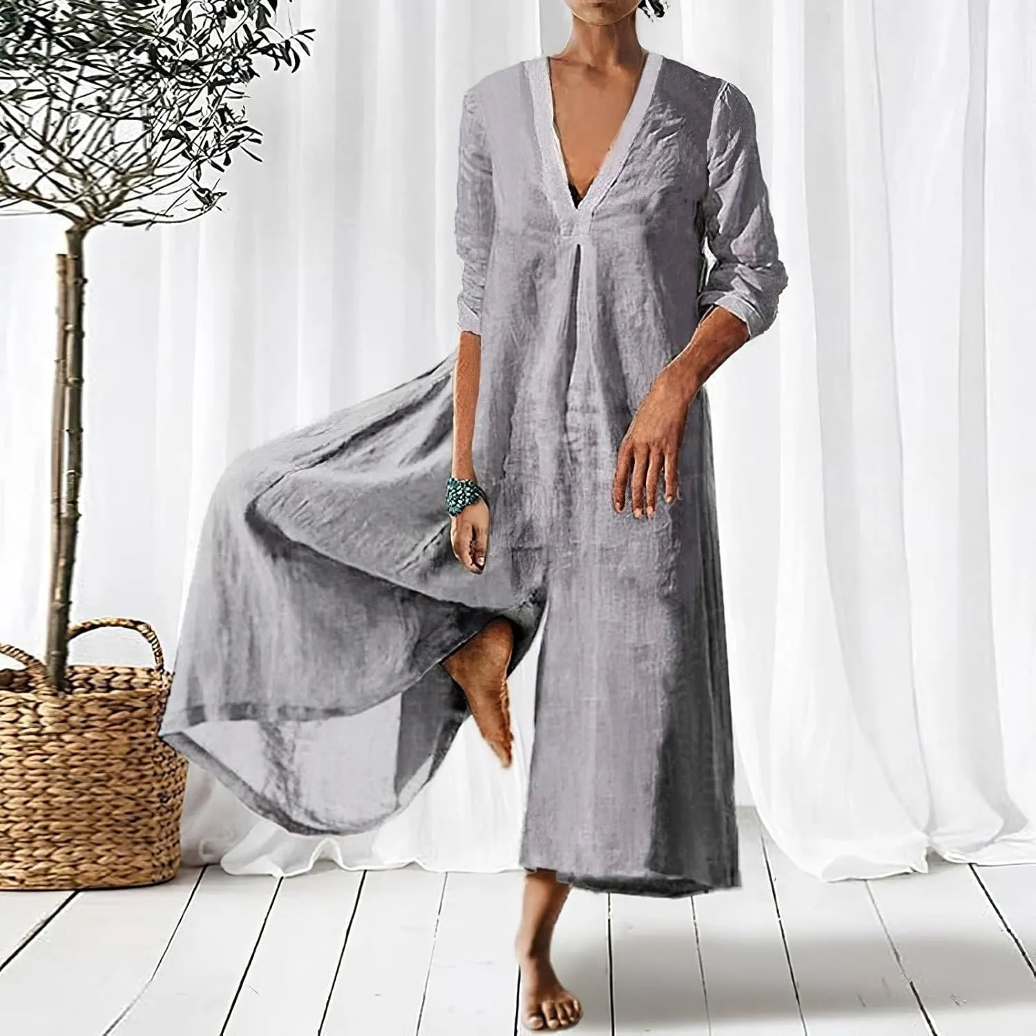 Akivide Women's Cotton Linen Long Sleeve Wide Leg Jumpsuits Casual Loose V Neck Long Pants Rompers