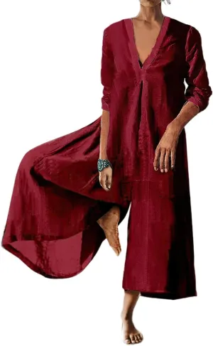 Akivide Women's Cotton Linen Long Sleeve Wide Leg Jumpsuits Casual Loose V Neck Long Pants Rompers
