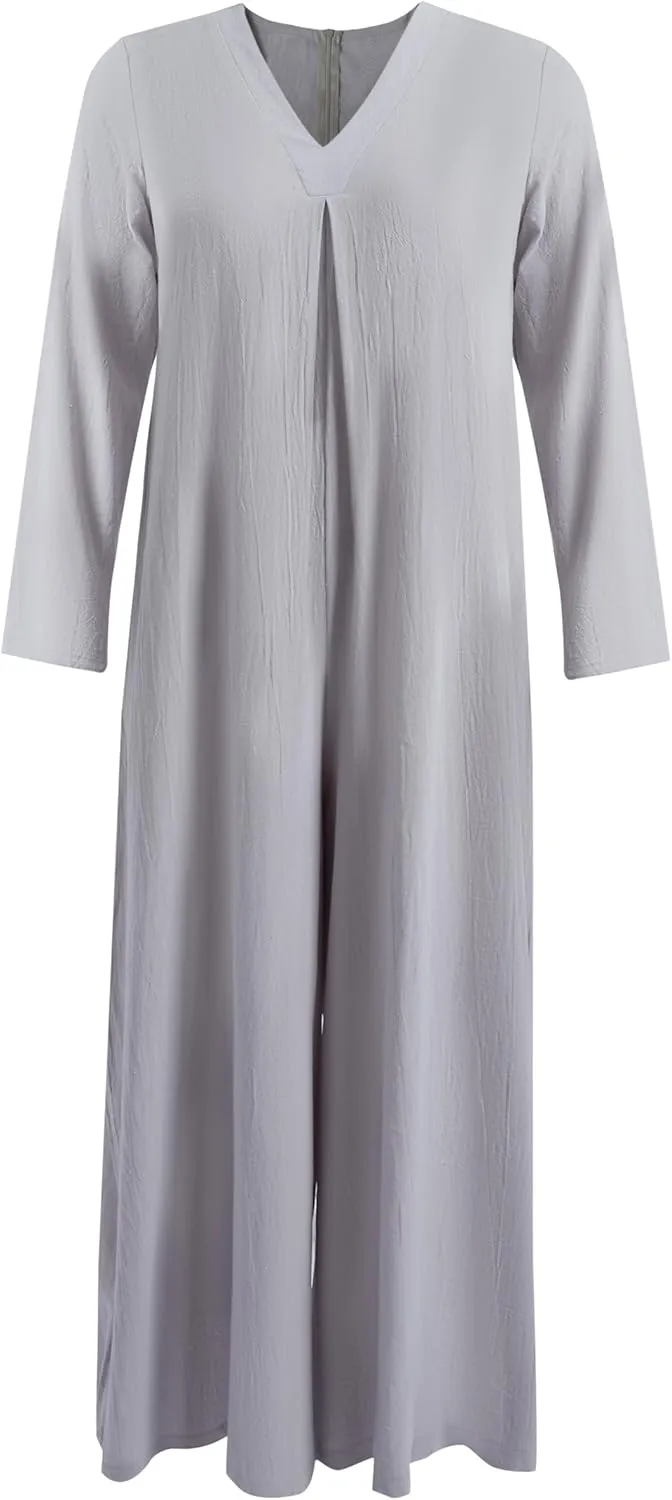 Akivide Women's Cotton Linen Long Sleeve Wide Leg Jumpsuits Casual Loose V Neck Long Pants Rompers