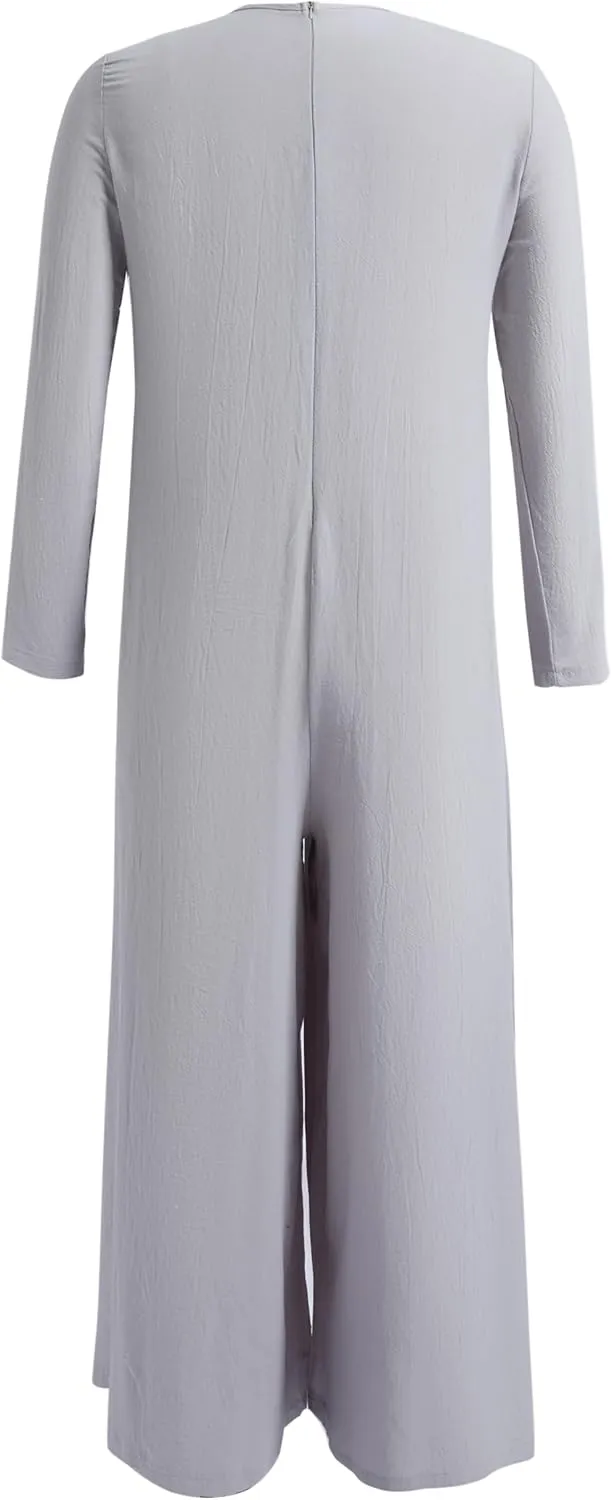 Akivide Women's Cotton Linen Long Sleeve Wide Leg Jumpsuits Casual Loose V Neck Long Pants Rompers