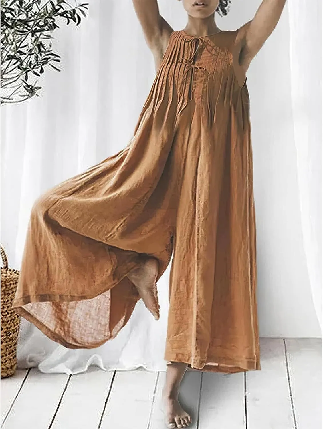 Akivide Women's Cotton Linen Wide Leg Jumpsuits Casual Summer Loose Sleeveless Long Pants Rompers