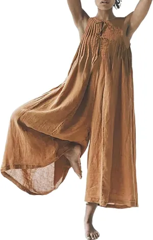 Akivide Women's Cotton Linen Wide Leg Jumpsuits Casual Summer Loose Sleeveless Long Pants Rompers