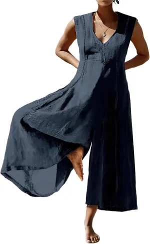 Akivide Women's Cotton Linen Wide Leg Jumpsuits Casual Summer V Neck Sleeveless Long Pants Rompers