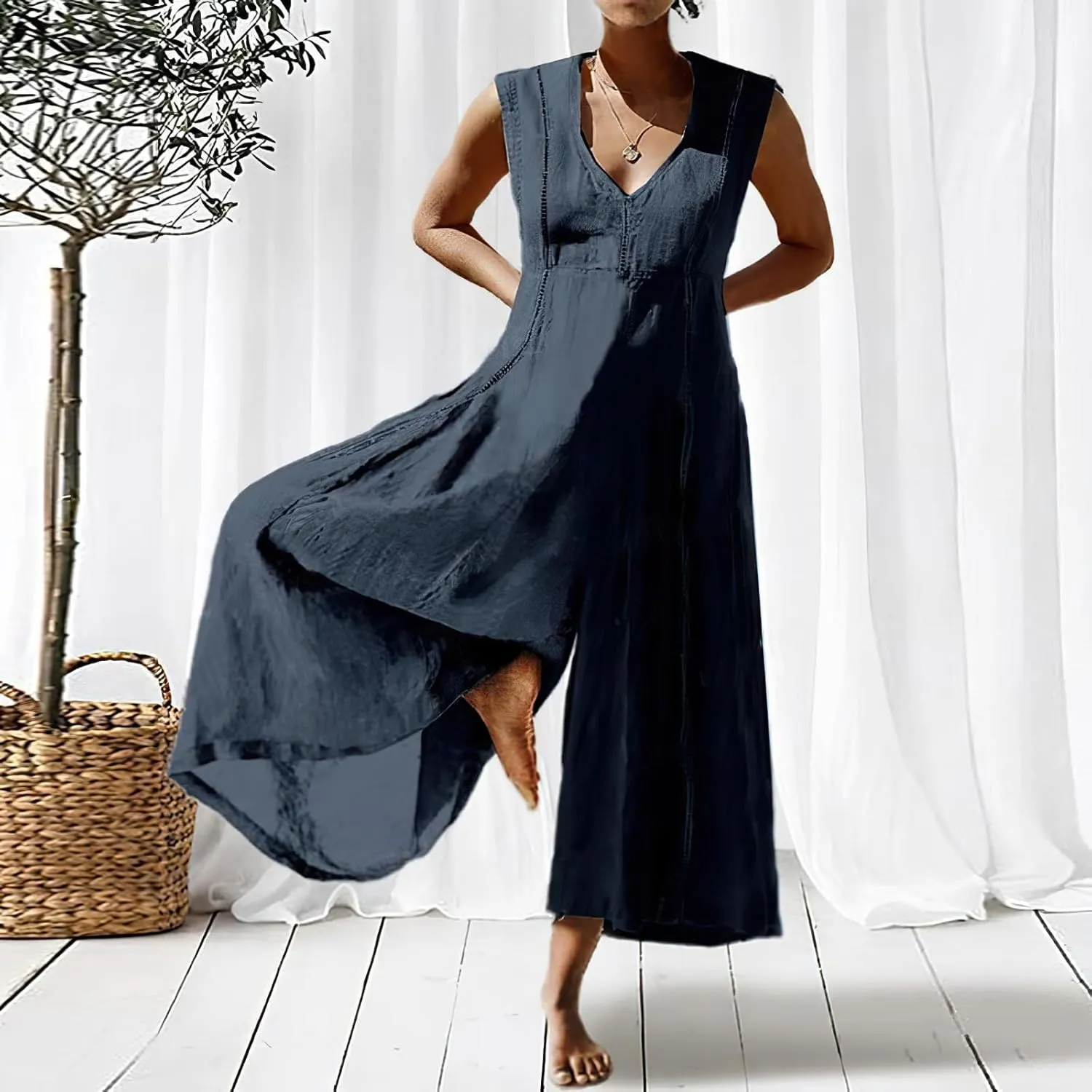 Akivide Women's Cotton Linen Wide Leg Jumpsuits Casual Summer V Neck Sleeveless Long Pants Rompers