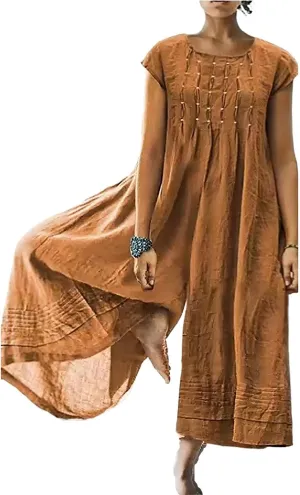 Akivide Women's Loose Cotton Linen Wide Leg Jumpsuits Casual Summer Short Sleeve Long Pants Rompers
