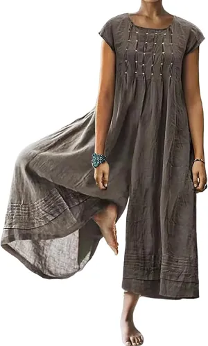 Akivide Women's Loose Cotton Linen Wide Leg Jumpsuits Casual Summer Short Sleeve Long Pants Rompers