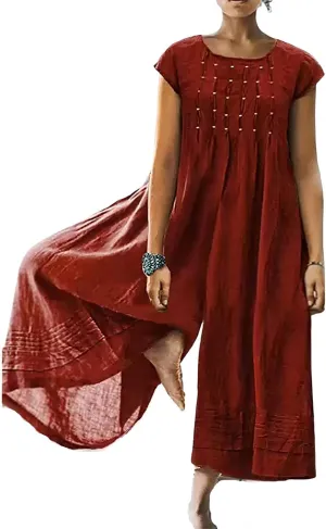 Akivide Women's Loose Cotton Linen Wide Leg Jumpsuits Casual Summer Short Sleeve Long Pants Rompers