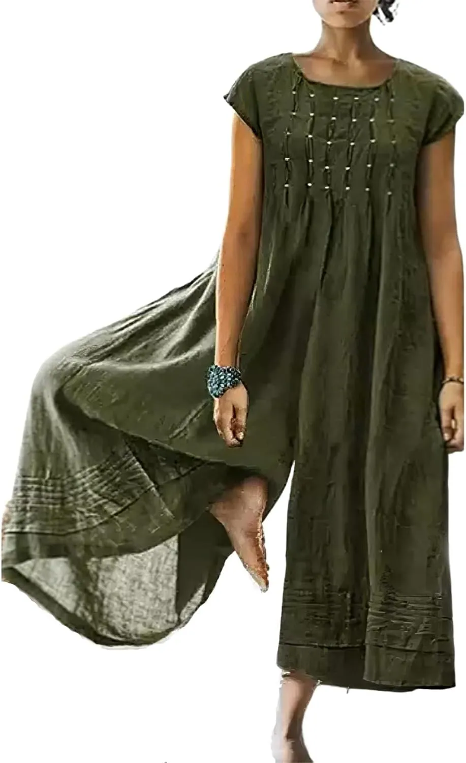 Akivide Women's Loose Cotton Linen Wide Leg Jumpsuits Casual Summer Short Sleeve Long Pants Rompers