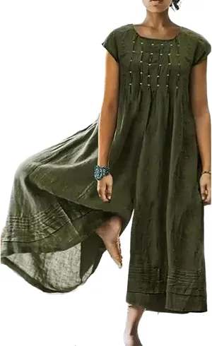 Akivide Women's Loose Cotton Linen Wide Leg Jumpsuits Casual Summer Short Sleeve Long Pants Rompers