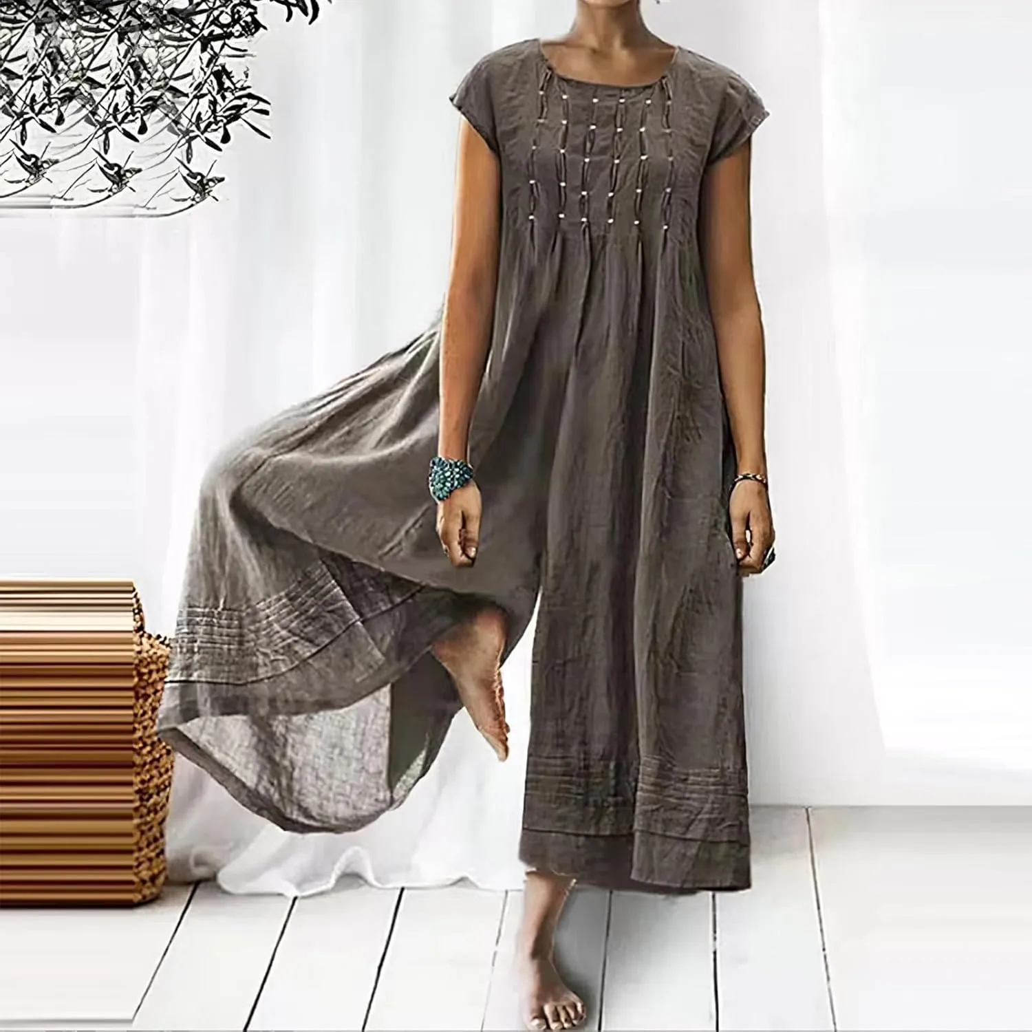 Akivide Women's Loose Cotton Linen Wide Leg Jumpsuits Casual Summer Short Sleeve Long Pants Rompers
