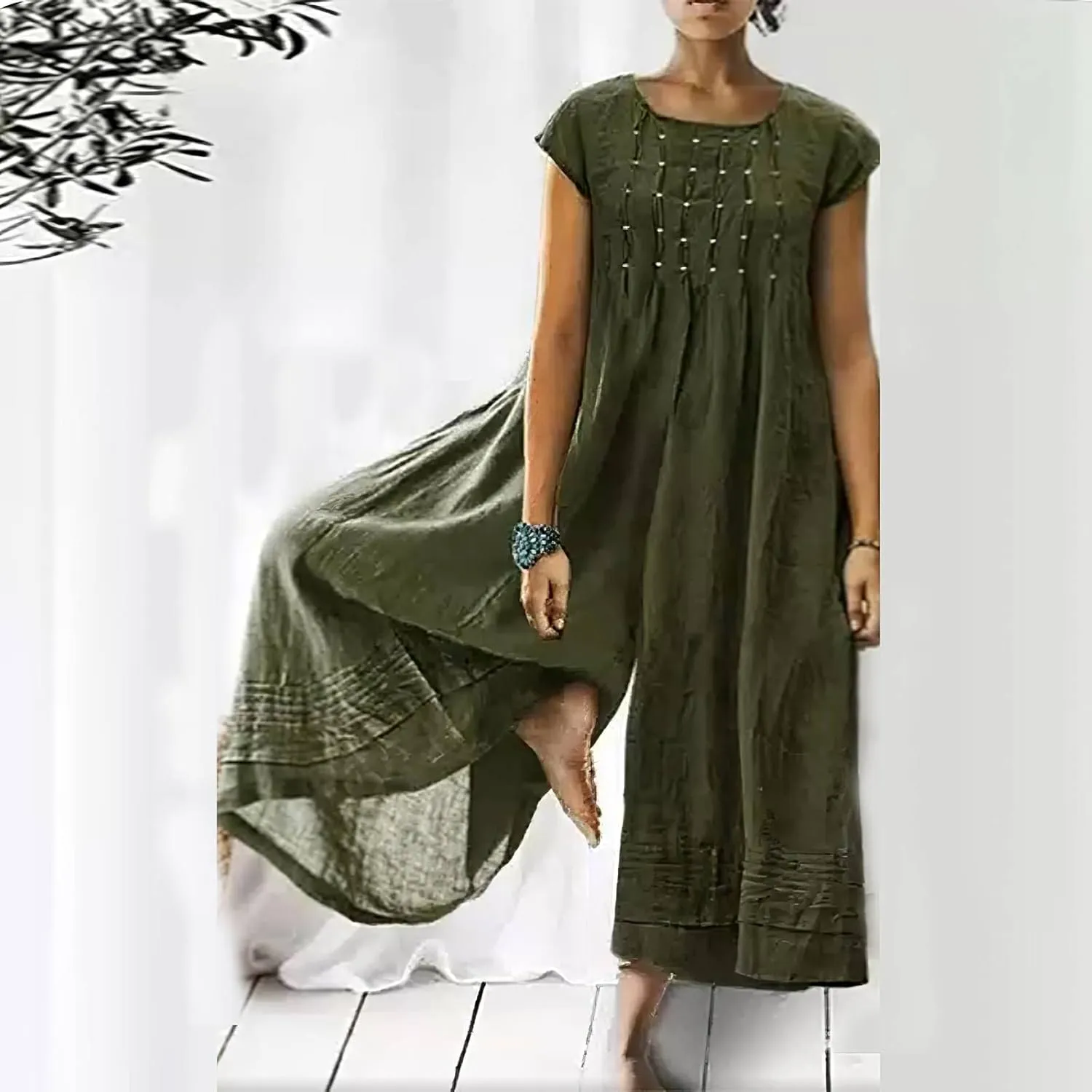 Akivide Women's Loose Cotton Linen Wide Leg Jumpsuits Casual Summer Short Sleeve Long Pants Rompers