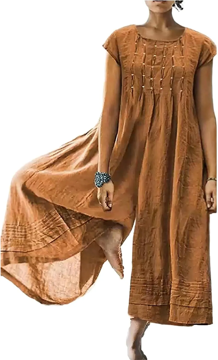 Akivide Women's Loose Cotton Linen Wide Leg Jumpsuits Casual Summer Short Sleeve Long Pants Rompers