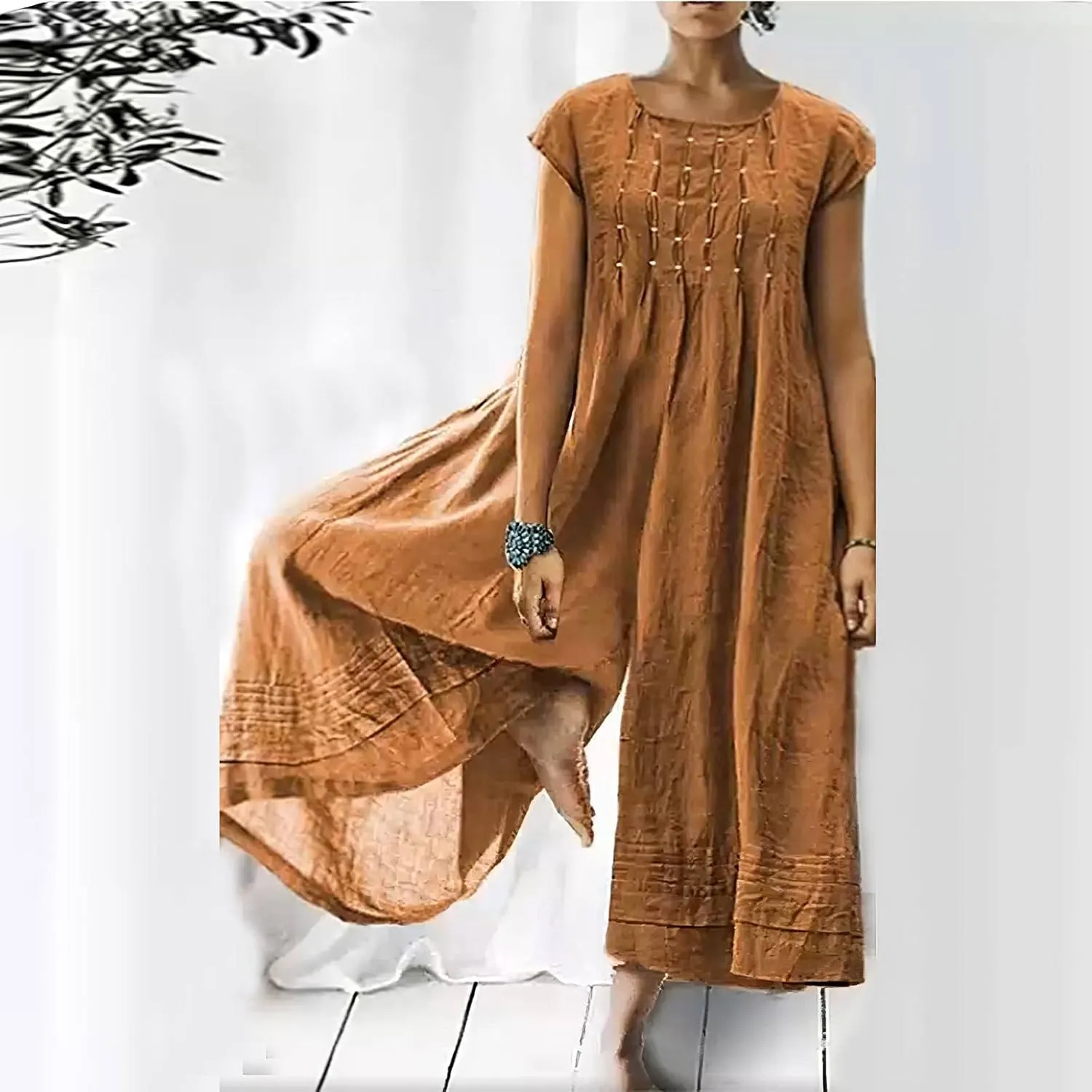 Akivide Women's Loose Cotton Linen Wide Leg Jumpsuits Casual Summer Short Sleeve Long Pants Rompers